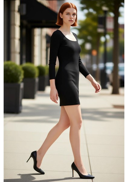 Kadın Modern Bodycon Kesim Havuz Yaka Uzun Kollu Örme Mini Elbise Casual Soğuk Hava Şıklığı modelleri