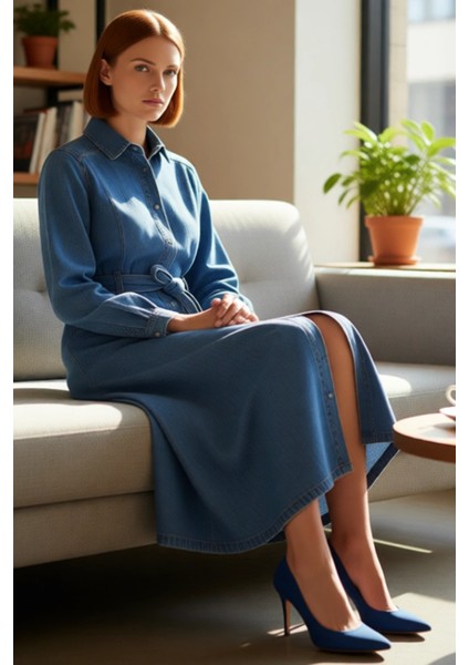 Kadınlar Için Mavi Gömlek Yaka A Line Kemerli Maxi Denim Elbise %100 Pamuklu Günlük Şıklık fırsatları