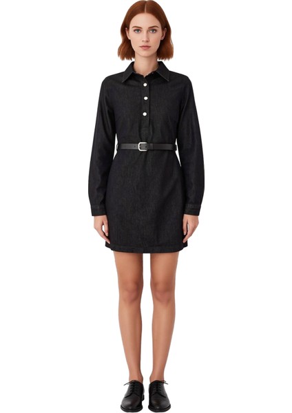 Kadınlar Için Ilkbahar Sonbahar A Line Denim Elbise Uzun Kollu Rahat ve Şık Gömlek Yaka Mini