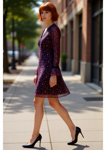 Kadın Zarif V Yaka Çiçekli Şifon Astarlı Mini Elbise Uzun Kollu Skater Kesim Modeli Kaliteli modelleri