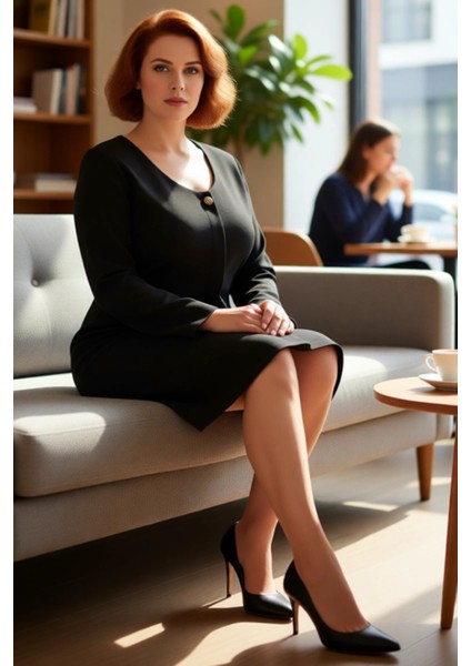 Kadın Büyük Beden Günlük ve Ofis Için Uzun Kollu Siyah Mini Dokuma A Line Elbise Şık Detaylı