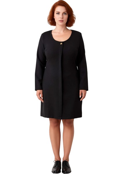 Kadın Büyük Beden Günlük ve Ofis Için Uzun Kollu Siyah Mini Dokuma A Line Elbise Şık Detaylı fiyatları