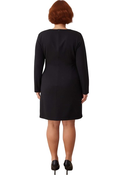Kadın Büyük Beden Günlük ve Ofis Için Uzun Kollu Siyah Mini Dokuma A Line Elbise Şık Detaylı modelleri