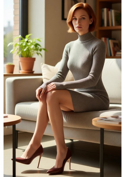 Kadın Bordo Bodycon Triko Mini Elbise Dik Yaka Uzun Kollu Kışlık Gündelik ve Tarz Bir Seçim fırsatları