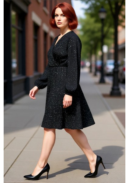 Kadın Büyük Beden A Line V Yaka Uzun Kollu Mini Örme Elbise Hayvan Desenli Günlük Şıklık Kaliteli