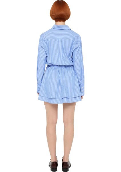 Kadın Çizgili Poplin Gömlek Yaka Uzun Düşük Kol Mini Elbise Bel Lastikli Şık Günlük Stili Kaliteli fiyatları
