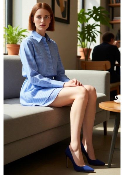 Kadın Çizgili Poplin Gömlek Yaka Uzun Düşük Kol Mini Elbise Bel Lastikli Şık Günlük Stili Kaliteli fırsatları