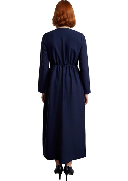 Kadın A Kesim Lacivert Anvelop Elbise Ceket Yaka Uzun Kol Düz Dokuma Kumaş Bağlama Detaylı Şık ve fiyatları