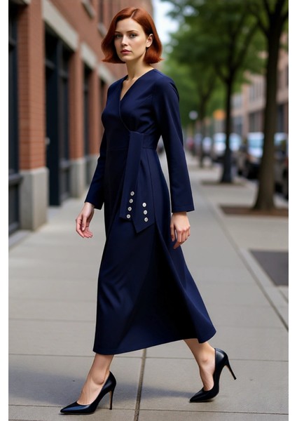 Kadın A Kesim Lacivert Anvelop Elbise Ceket Yaka Uzun Kol Düz Dokuma Kumaş Bağlama Detaylı Şık ve modelleri
