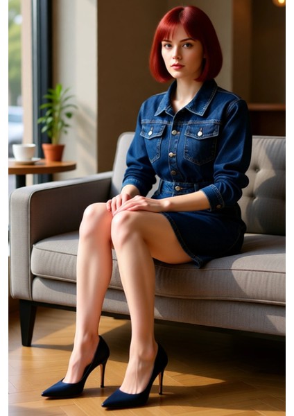 Kadın Denim Gömlek Yaka Uzun Kollu Mini Elbise Günlük ve Şık Ortamlar Için %100 Pamuk. Kaliteli