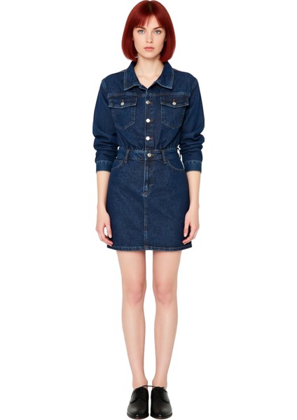 Kadın Denim Gömlek Yaka Uzun Kollu Mini Elbise Günlük ve Şık Ortamlar Için %100 Pamuk. Kaliteli fiyatları