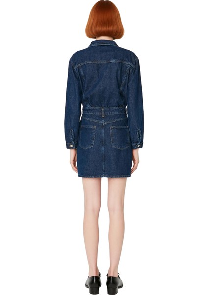 Kadın Denim Gömlek Yaka Uzun Kollu Mini Elbise Günlük ve Şık Ortamlar Için %100 Pamuk. Kaliteli modelleri