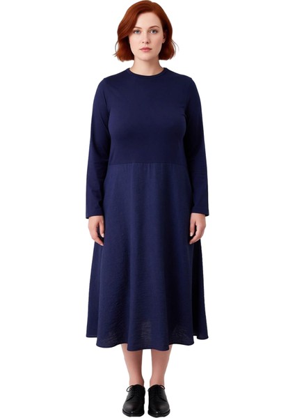 Kadın Lacivert Midi Boy A Line Düz Uzun Kollu Bisiklet Yaka Dokuma Elbise Ilkbahar Sonbahar fiyatları