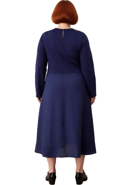 Kadın Lacivert Midi Boy A Line Düz Uzun Kollu Bisiklet Yaka Dokuma Elbise Ilkbahar Sonbahar modelleri