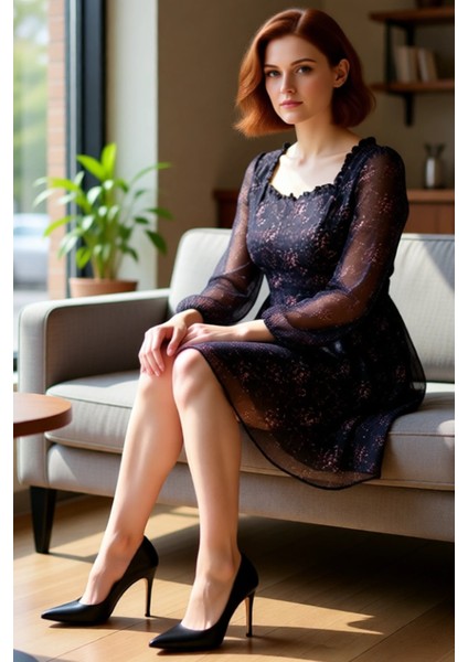 Kadın Büyük Beden Dokuma Kumaş Şifon A Line Kalp Yaka Balon Kol Mini Elbise Ilkbahar Sonbahar