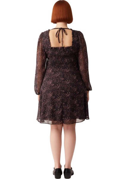 Kadın Büyük Beden Dokuma Kumaş Şifon A Line Kalp Yaka Balon Kol Mini Elbise Ilkbahar Sonbahar modelleri