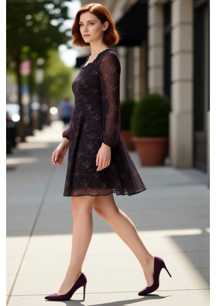 Kadın Büyük Beden Dokuma Kumaş Şifon A Line Kalp Yaka Balon Kol Mini Elbise Ilkbahar Sonbahar fırsatları