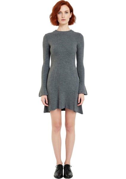 Kadın Gri Düz Desen A Line Siluet Akrilik Triko Elbise Uzun Kollu Bisiklet Yaka Günlük Şıklık