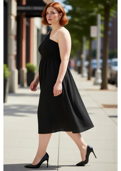 Kadın Hamile Büyük Beden Asimetrik Yaka Tek Kol Crinkle Dokuma Midi Boy Yazlık Elbise Kaliteli