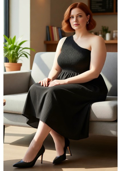 Kadın Hamile Büyük Beden Asimetrik Yaka Tek Kol Crinkle Dokuma Midi Boy Yazlık Elbise Kaliteli fiyatları