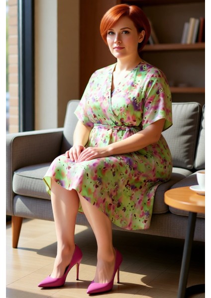 Kadın Büyük Beden Kısa Boy Çiçek Desenli Şifon Elbise V Yaka Melek Kol Kuşaklı Yazlık Şıklık