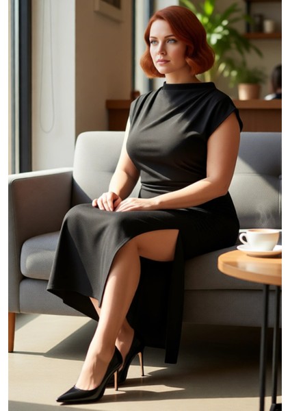 Kadın Düz Desen Midi Bodycon Elbise Dik Yaka Büzgü Detaylı Örme Ilkbahar Sonbahar Stili Kaliteli