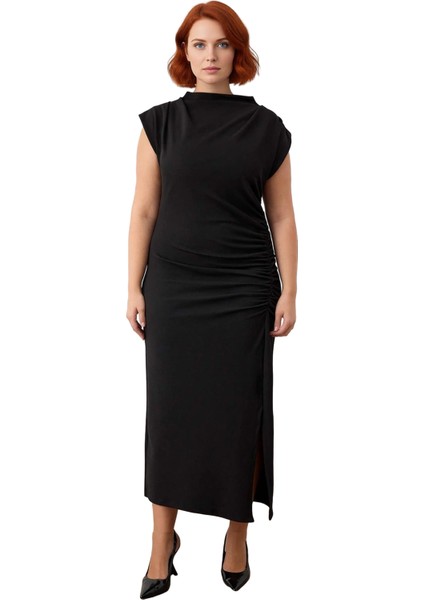 Kadın Düz Desen Midi Bodycon Elbise Dik Yaka Büzgü Detaylı Örme Ilkbahar Sonbahar Stili Kaliteli fiyatları