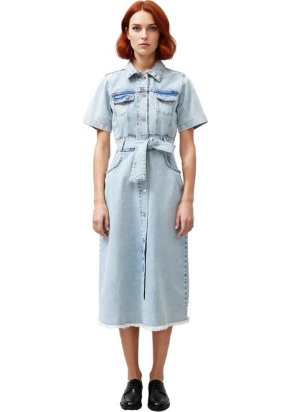 Kadın Basic Ekru Kısa Kollu Rigid Dokuma Kemerli %100 Pamuk Denim Maxi Elbise Kaliteli Şık