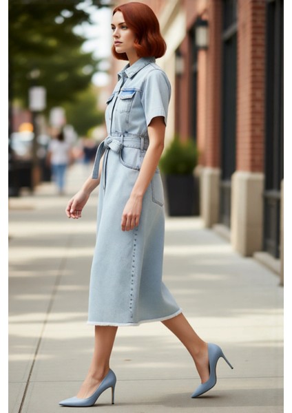 Kadın Basic Ekru Kısa Kollu Rigid Dokuma Kemerli %100 Pamuk Denim Maxi Elbise Kaliteli Şık modelleri