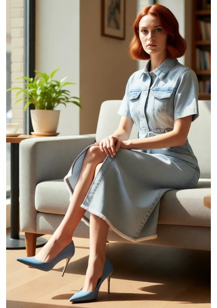 Kadın Basic Ekru Kısa Kollu Rigid Dokuma Kemerli %100 Pamuk Denim Maxi Elbise Kaliteli Şık fırsatları