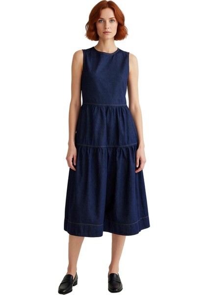 Şık Kadın Volanlı Midi Denim Elbise %100 Pamuk Bisiklet Yaka Rahat Günlük Kombinler Için Kaliteli