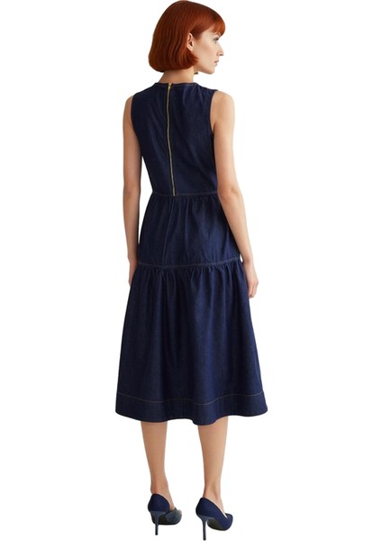 Şık Kadın Volanlı Midi Denim Elbise %100 Pamuk Bisiklet Yaka Rahat Günlük Kombinler Için Kaliteli fiyatları