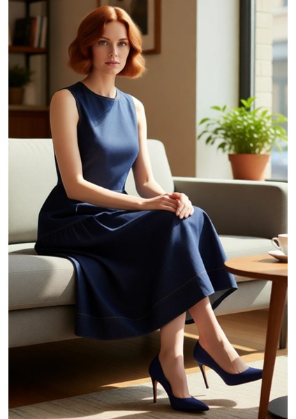 Şık Kadın Volanlı Midi Denim Elbise %100 Pamuk Bisiklet Yaka Rahat Günlük Kombinler Için Kaliteli fırsatları