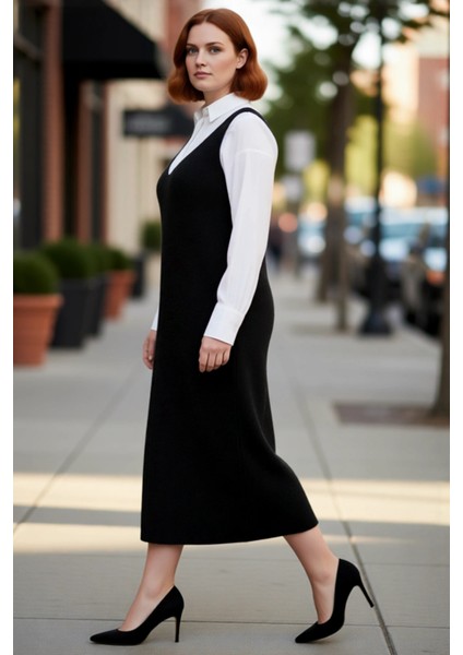 Kadın Gri Shift Kalıp Triko Jile Midi Elbise V Yaka Düz Dokulu Konforlu Ilkbahar Sonbahar Kaliteli