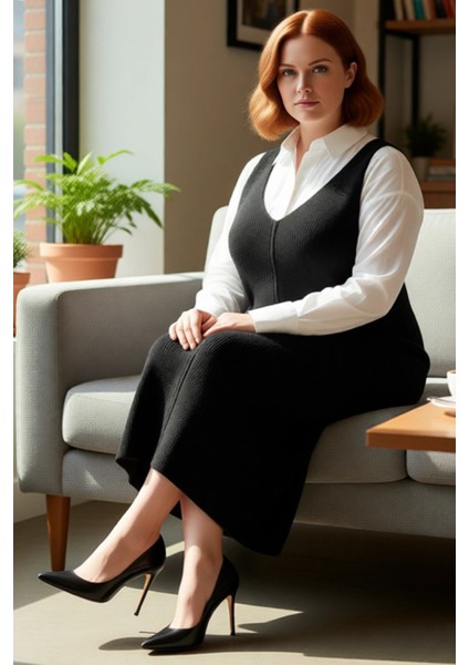 Kadın Gri Shift Kalıp Triko Jile Midi Elbise V Yaka Düz Dokulu Konforlu Ilkbahar Sonbahar Kaliteli fiyatları