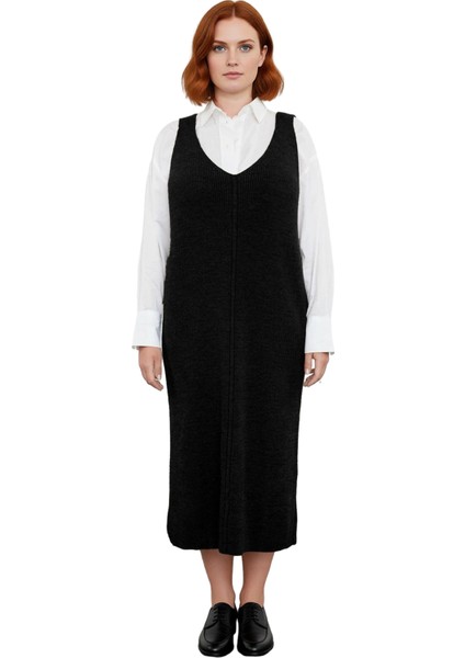 Kadın Gri Shift Kalıp Triko Jile Midi Elbise V Yaka Düz Dokulu Konforlu Ilkbahar Sonbahar Kaliteli modelleri