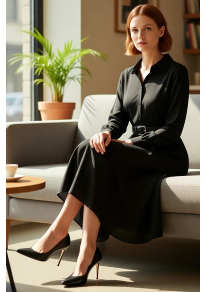 Kadın Uzun Kollu Siyah Midi Gömlek Elbise Kruvaze Yaka Kemer Detaylı Modern ve Konforlu. Kaliteli