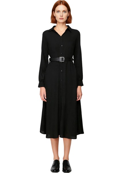 Kadın Uzun Kollu Siyah Midi Gömlek Elbise Kruvaze Yaka Kemer Detaylı Modern ve Konforlu. Kaliteli fiyatları