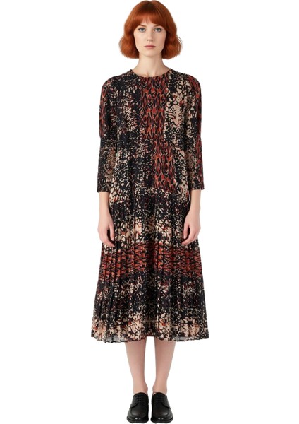 Kadın Hakim Yaka Uzun Kollu Şifon Dokuma Animal Desenli Astarlı Skater Maxi Elbise Kaliteli