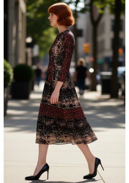 Kadın Hakim Yaka Uzun Kollu Şifon Dokuma Animal Desenli Astarlı Skater Maxi Elbise Kaliteli modelleri