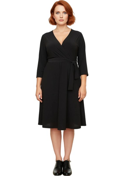 Kadın A Line Kesim Mor Sandy Dokuma Kruvaze Yaka Midi Elbise Kuşaklı Şıklık Sunar Kaliteli fiyatları