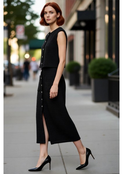 Kadın Şık Midi Boy Kolsuz Düğmeli %100 Pamuk Tüvit Ceket Elbise Gündüz Gece Kombinleri Için modelleri