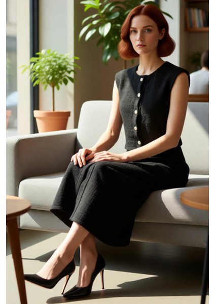 Kadın Şık Midi Boy Kolsuz Düğmeli %100 Pamuk Tüvit Ceket Elbise Gündüz Gece Kombinleri Için fırsatları