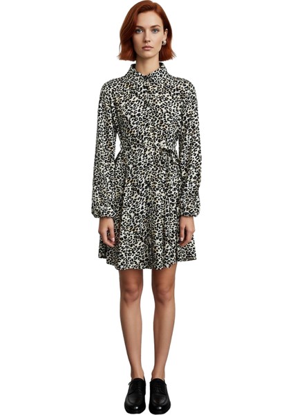 Kadın Hayvan Desenli Gömlek Yaka Uzun Balon Kol Kuşaklı Mini Dokuma Elbise Casual Stil Kaliteli