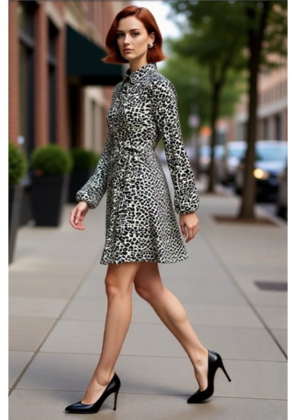 Kadın Hayvan Desenli Gömlek Yaka Uzun Balon Kol Kuşaklı Mini Dokuma Elbise Casual Stil Kaliteli modelleri