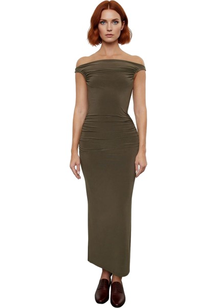 Kadın Şık Bodycon Maxi Elbise Carmen Yaka Detaylı Özel Kokteyl Davetleri Için Modern Tarz Kaliteli