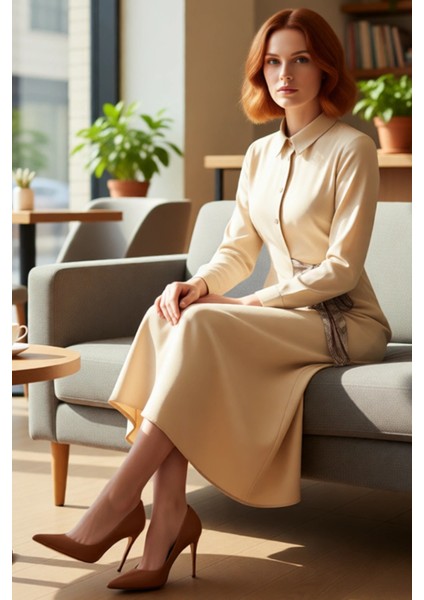 Kadın Uzun Kollu Dokuma Maxi Elbise Fular Detaylı Gömlek Yaka Smart Ofis ve Günlük Giyim Kaliteli