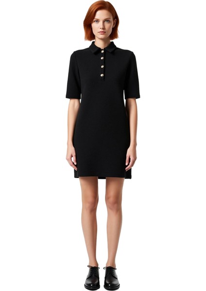 Bayan Smart Casual Düz Desenli Örme Kumaş Düğmeli Kısa Kollu Mini Elbise Sonbahar Kış Stili