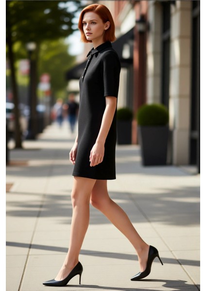 Bayan Smart Casual Düz Desenli Örme Kumaş Düğmeli Kısa Kollu Mini Elbise Sonbahar Kış Stili modelleri