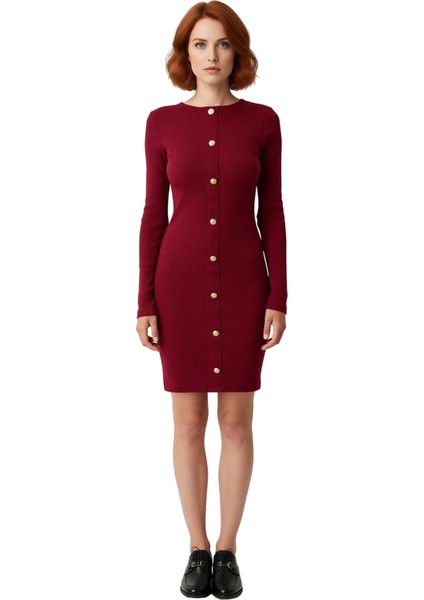 Kadın Uzun Kol Bodycon Kesim Düğmeli Fitilli Bisiklet Yaka Mini Elbise Modern Görünüm Kaliteli